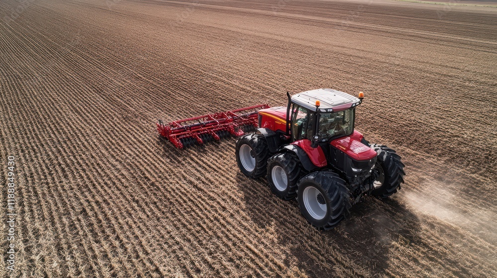 Fototapeta premium Tractor plowing field, aerial view, sunset