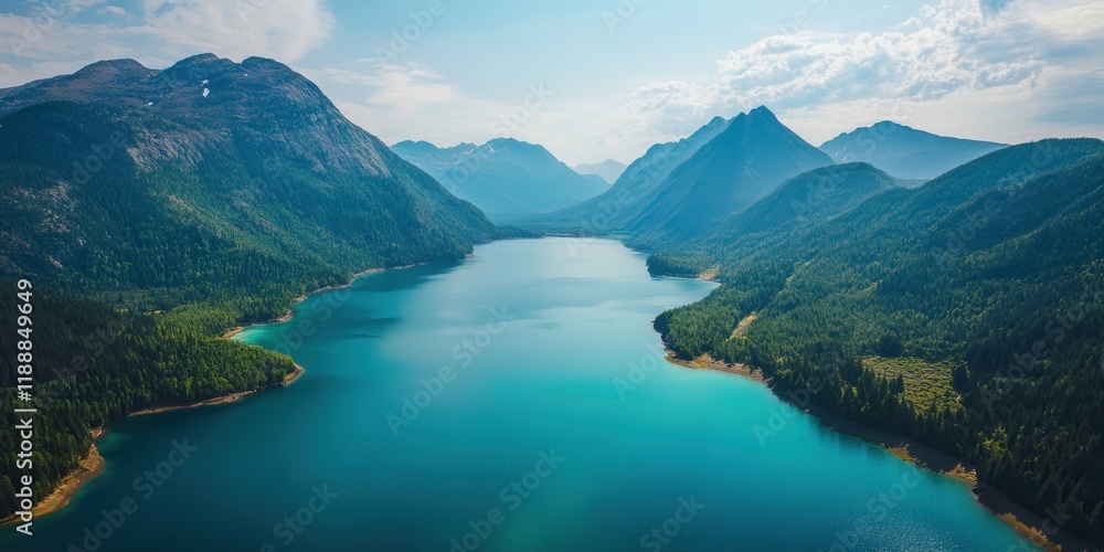 Serene mountain lake with lush forest and majestic peaks under a clear blue sky. Serene mountain lake with lush forest and majestic peaks under a clear blue sky.