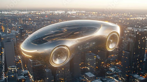 Futuristic Flying Car Soaring Above Cityscape photo