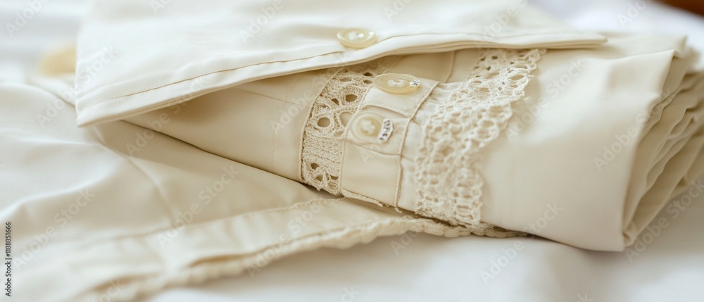 A neatly folded shirt with delicate lace detailing and buttons, showcasing elegance and simplicity A neatly folded shirt with delicate lace detailing and buttons, showcasing elegance and simplicity