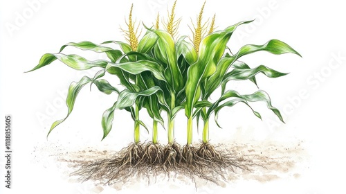 Detailed Botanical Illustration of Corn Plants photo