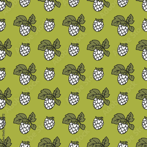 Hop Plant Themed Pattern with Fruits and Leaves. Perfect for beer, brewing, nature-themed designs, packaging, and creative projects.