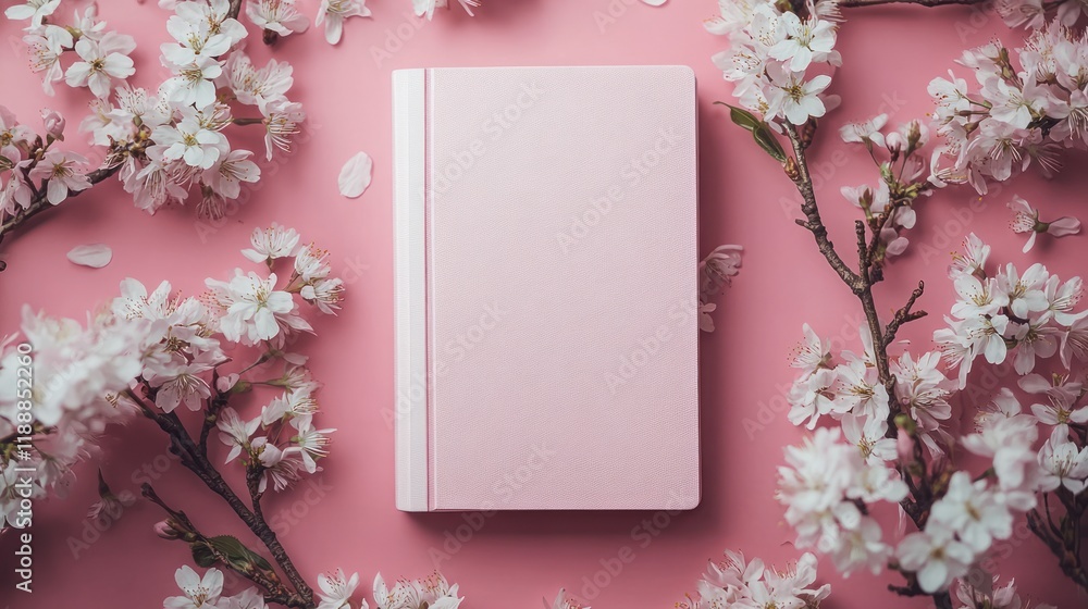 Pink notebook surrounded by cherry blossoms on pink background Pink notebook surrounded by cherry blossoms on pink background