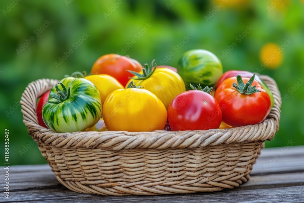 Harvesting heirloom tomatoes a colorful display of fresh produce in a rustic basket sunny garden setting close-up view nature's bounty Harvesting heirloom tomatoes a colorful display of fresh produce in a rustic basket sunny garden setting close-up view nature's bounty