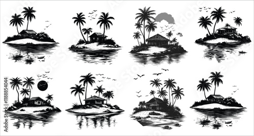 Tropical island with palm trees vector silhouettes, Palm trees and beach hut silhouettes icons, Tropical beach landscape with sun and palm trees, Beautiful tropical beach hut and palm tree silhouettes