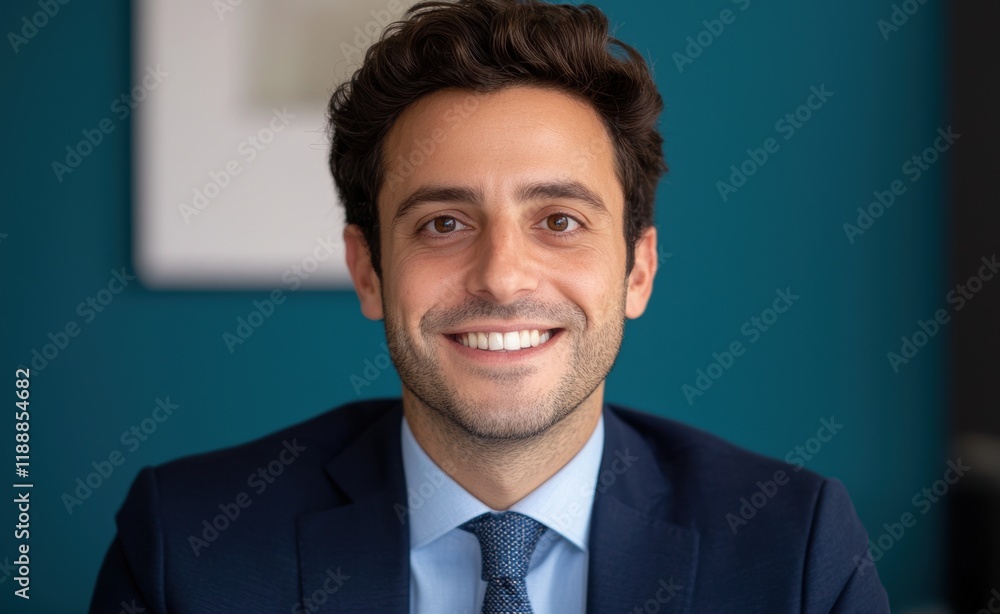 Smiling Businessman in Formal Attire Against Blue Background Smiling Businessman in Formal Attire Against Blue Background