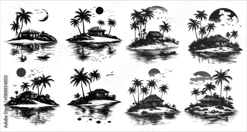 Set of palm tree and beach hut silhouette, Beach hut and palm tree silhouettes vector, Tropical beach landscape with sun and palm trees, Beautiful tropical beach hut and palm tree silhouettes