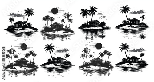 Set of palm tree and beach hut silhouette, Beach hut and palm tree silhouettes vector, Tropical beach landscape with sun and palm trees, Beautiful tropical beach hut and palm tree silhouettes