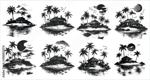 Set of palm tree and beach hut silhouette, Beach hut and palm tree silhouettes vector, Tropical beach landscape with sun and palm trees, Beautiful tropical beach hut and palm tree silhouettes