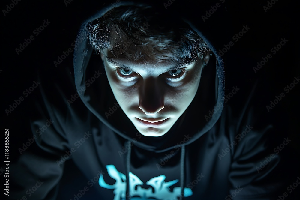 Intense Portrait of Young Male in Dark Hoodie with Dramatic Lighting, Hacker Concept Intense Portrait of Young Male in Dark Hoodie with Dramatic Lighting, Hacker Concept
