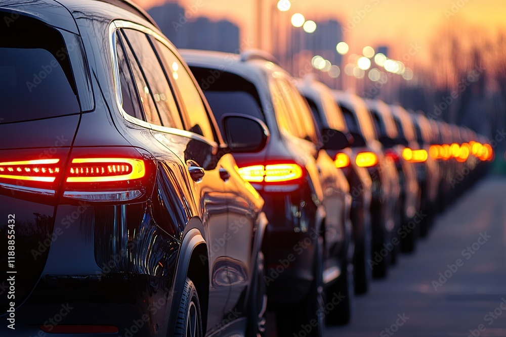 Sunset Car Line: Vehicles Parked in a Row at Dusk, Reflecting Golden Hour Light Beautifully Sunset Car Line: Vehicles Parked in a Row at Dusk, Reflecting Golden Hour Light Beautifully