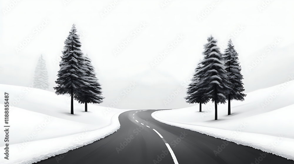 Fototapeta premium Winding snow-covered road surrounded by winter trees and misty landscape for concept