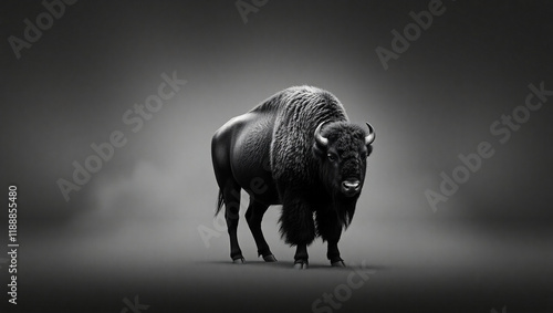 majestic bison, dramatic black and white photography, front view, powerful stance, isolated subject, textured fur, sharp horns, intense gaze, high contrast, minimalist background, wildlife portrait, s photo