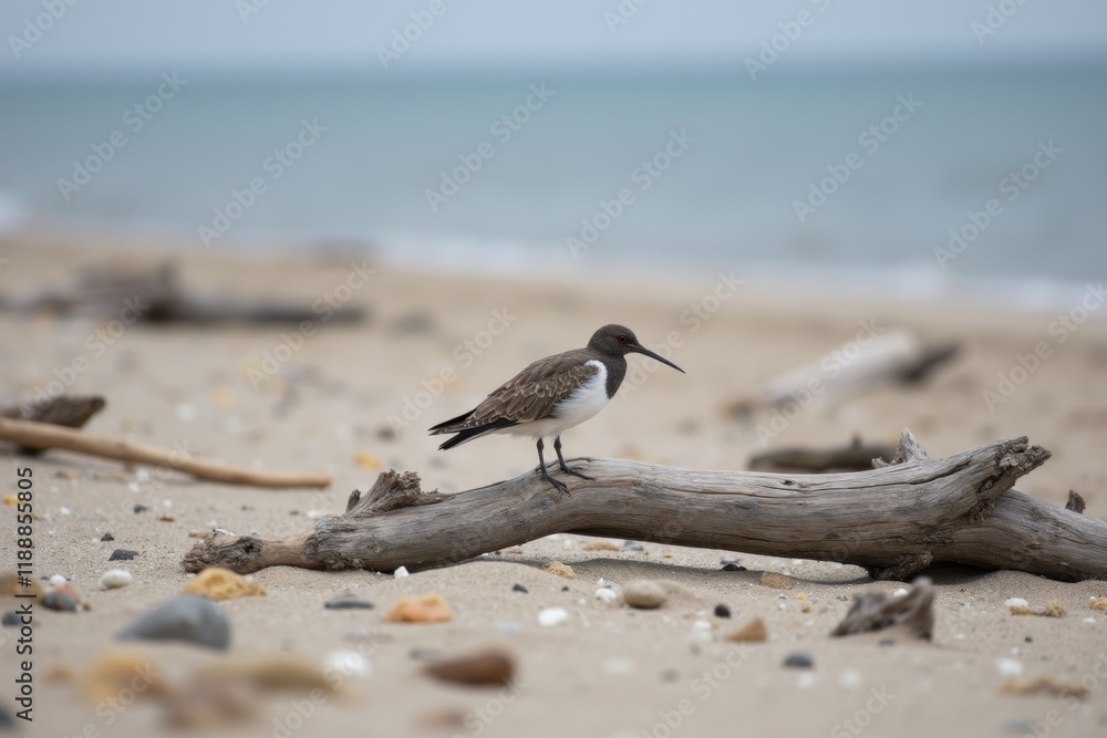 Serene Beach Driftwood with Perched Bird Serene Beach Driftwood with Perched Bird