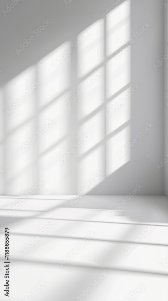 Minimalist white interior with window shadow patterns creating geometric shapes on blank wall and floor, natural sunlight casting soft grid-like reflections in empty space. Minimalist white interior with window shadow patterns creating geometric shapes on blank wall and floor, natural sunlight casting soft grid-like reflections in empty space.