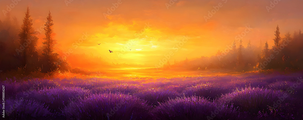 Obraz premium Sunset Lavender Field, Misty Forest