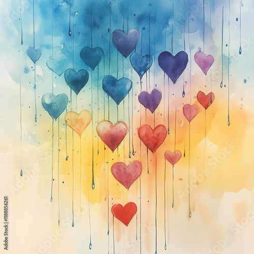 Wallpaper Mural Colorful Heart Shapes in Watercolor Background with Dripping Effect Torontodigital.ca