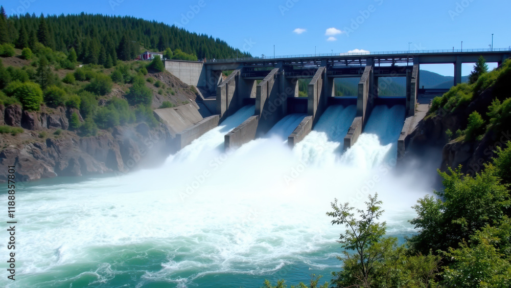 A scenic view of a green energy hydroelectric dam with cascading water under a blue sky. A scenic view of a green energy hydroelectric dam with cascading water under a blue sky.