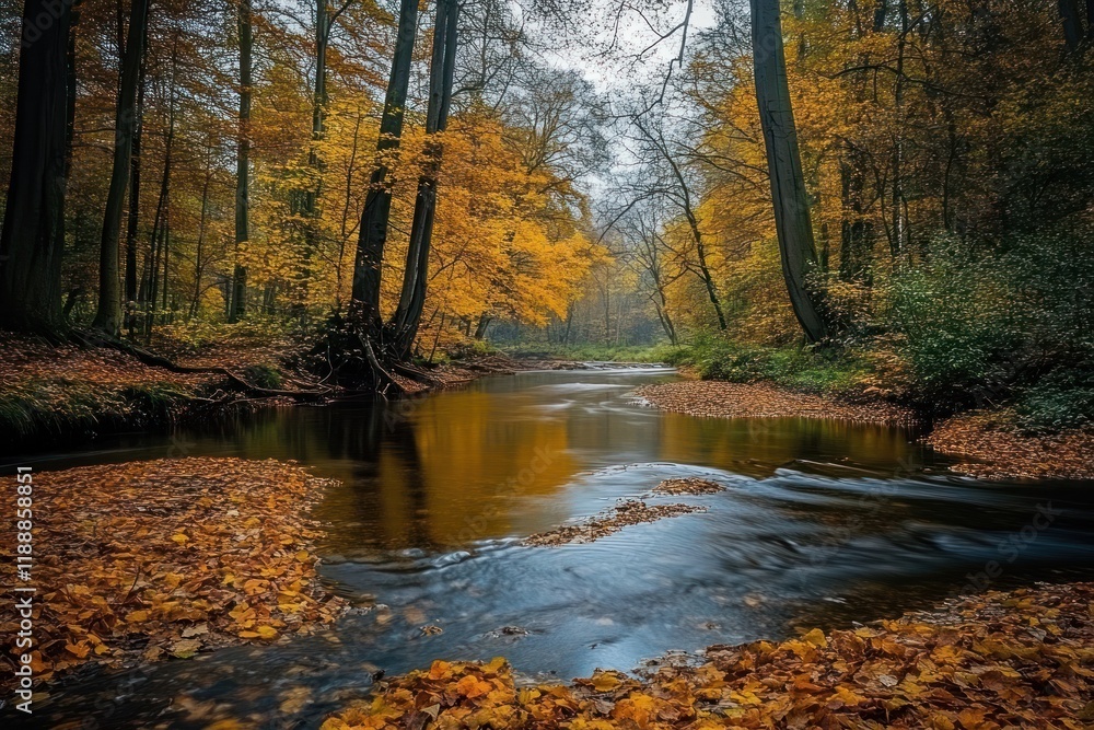 Autumnal Stream Flows Through Golden Forest Canopy Autumnal Stream Flows Through Golden Forest Canopy