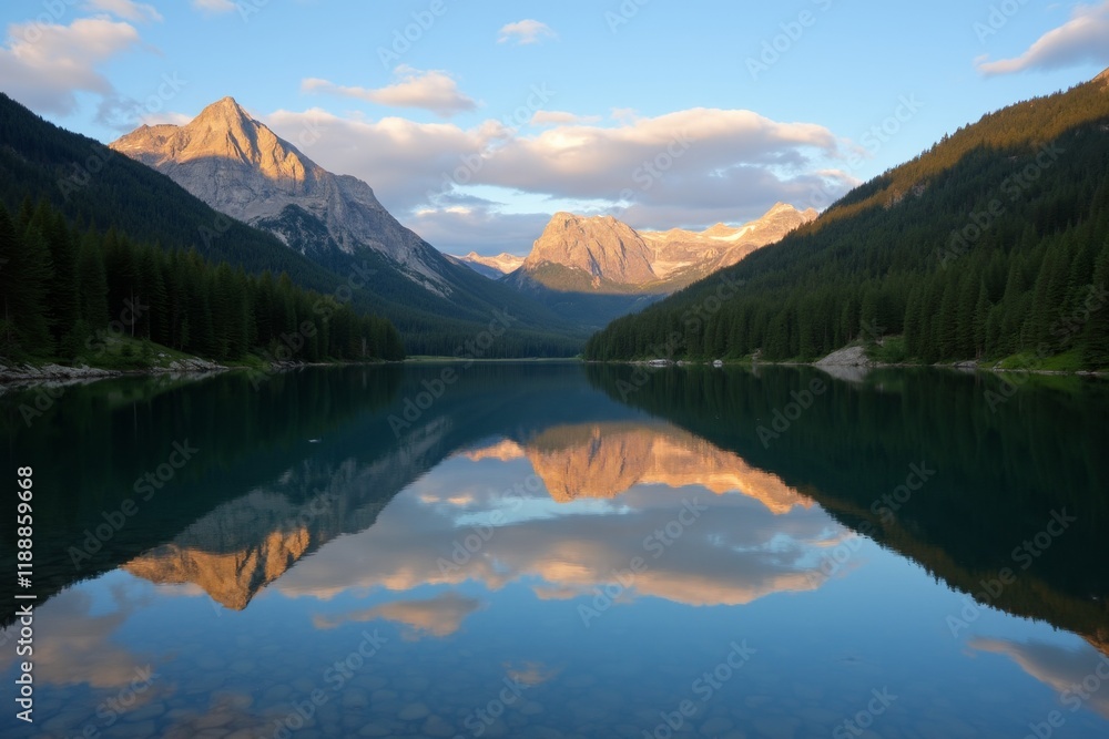 Golden Glow over Serene Lake and Mountains Golden Glow over Serene Lake and Mountains