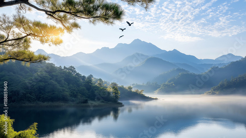 Breathtaking mountain landscape with serene lake and birds photo