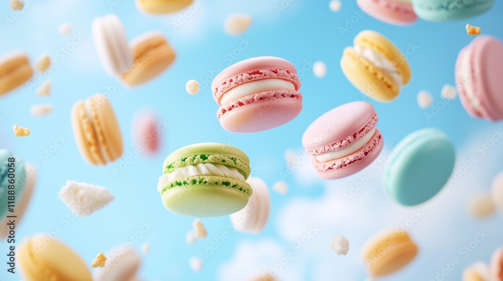 Obraz premium Vivid macarons of various flavors and vivid colors soar through a clear blue sky, creating a whimsical, cheerful atmosphere. The delightful sweets dance among fluffy clouds, inviting joy and wonder.