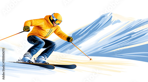 Skiier in a sporty mood skiing on snowy mountains with a blue and yellow color scheme