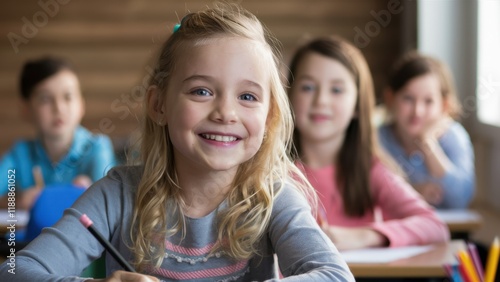 elementary school classroom, smiling blonde girl in focus, other students blurred in background, bright classroom setting, natural lighting, happy children, school desks, learning environment, candid 
