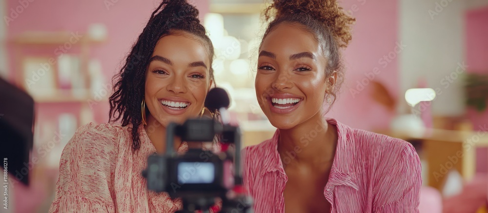 Obraz premium Studio vlog, two women smiling, pink room
