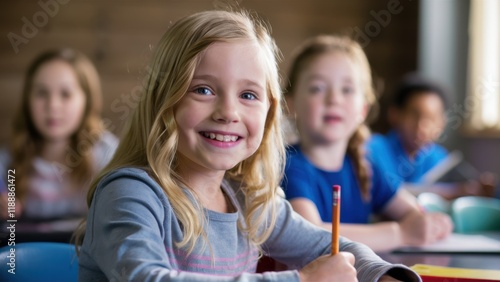 elementary school classroom, smiling blonde girl in focus, other students blurred in background, bright classroom setting, natural lighting, happy children, school desks, learning environment, candid 