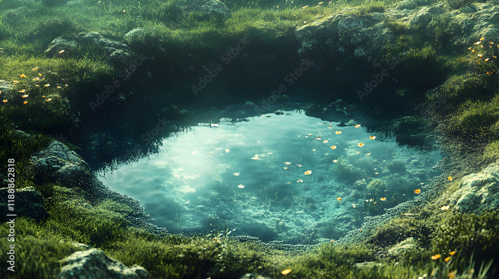 Fototapeta premium A serene pond surrounded by lush greenery and stones, reflecting the sky.