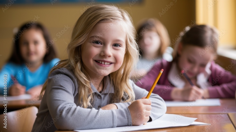 elementary school classroom, smiling blonde girl in focus, other students blurred in background, bright classroom setting, natural lighting, happy children, school desks, learning environment, candid elementary school classroom, smiling blonde girl in focus, other students blurred in background, bright classroom setting, natural lighting, happy children, school desks, learning environment, candid