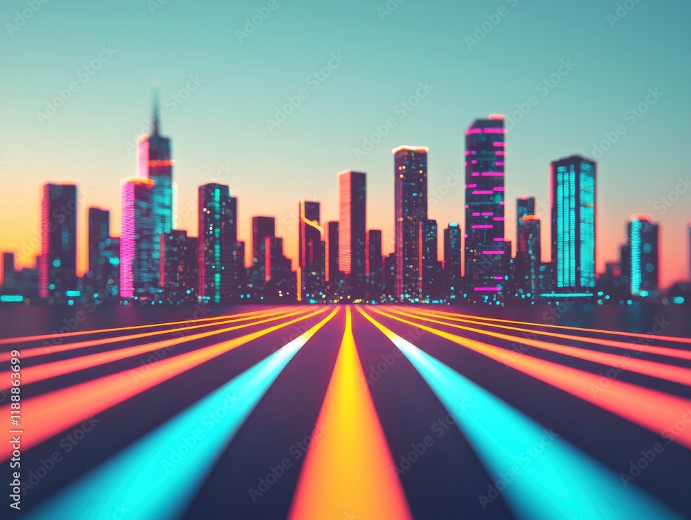 Vibrant Cityscape at Dusk with Neon Lights and Colorful Streaks on the Ground, Capturing the Energetic Atmosphere of a Modern Urban Environment Vibrant Cityscape at Dusk with Neon Lights and Colorful Streaks on the Ground, Capturing the Energetic Atmosphere of a Modern Urban Environment