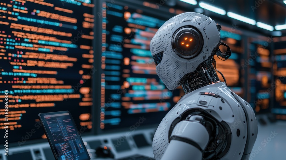 Fototapeta premium Futuristic Robot Analyzing Data in High-Tech Control Room Environment