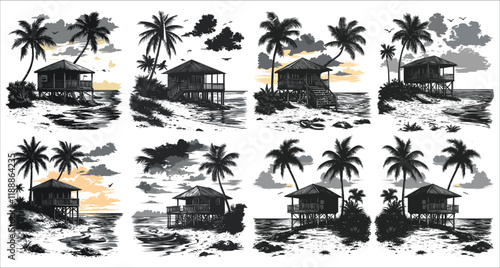 Tropical beach hut and palm tree vector silhouettes, Set of palm tree and beach hut silhouette, Tropical paradise vector silhouettes, Abstract beach huts and palm trees vector elements 
