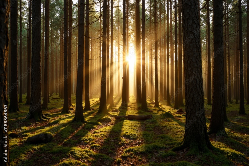 Fototapeta premium Serene Sunlight Filtering Through a Dense Forest Canopy