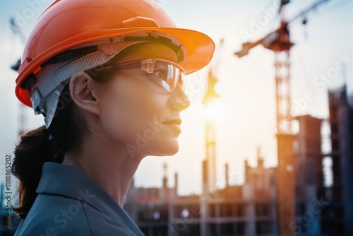 construction worker, female, orange hard hat, safety vest, industrial site, cranes, sunset sky, determined expression, profile view, construction equipment, urban development, architectural design, bu