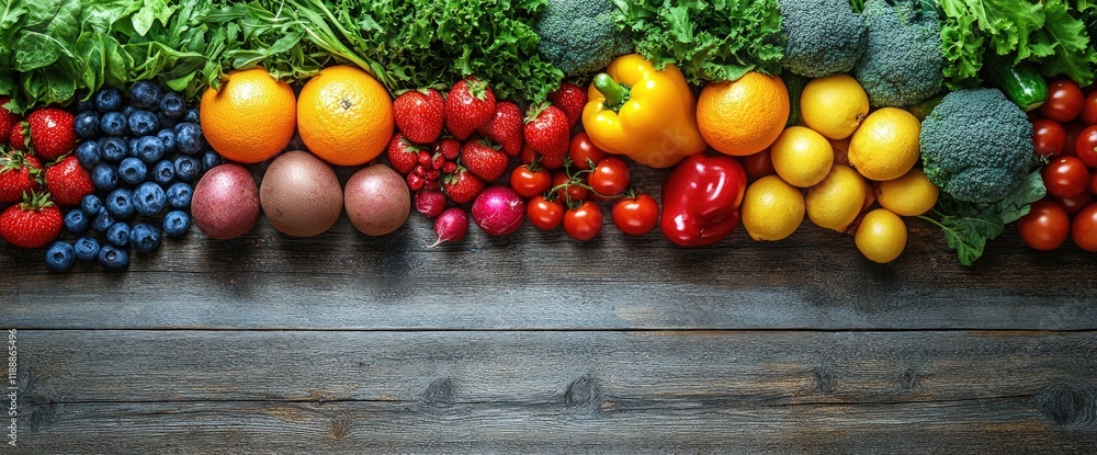 Colorful fresh fruit and vegetable arrangement on rustic wooden background. Colorful fresh fruit and vegetable arrangement on rustic wooden background.