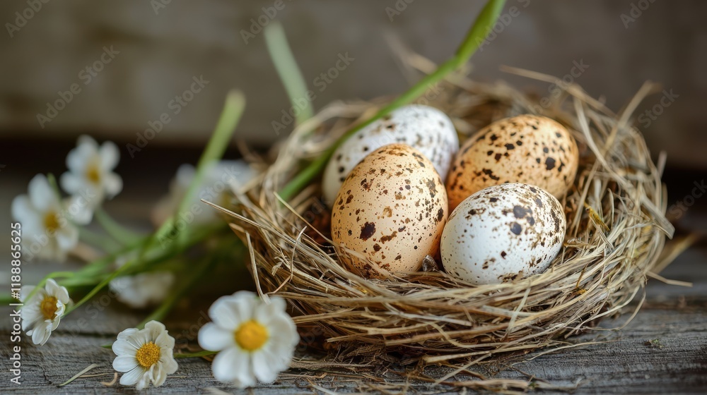 Two speckled eggs in a bird's nest surrounded by nature.. Two speckled eggs in a bird's nest surrounded by nature..