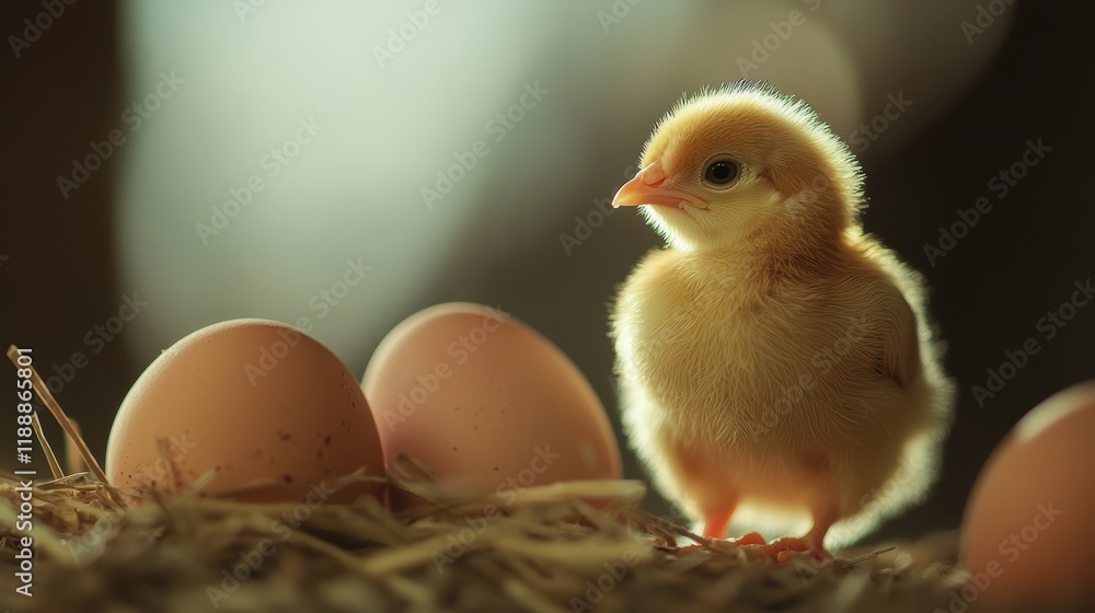 Fluffy chick with eggs in a nest and soft lighting.. Fluffy chick with eggs in a nest and soft lighting..