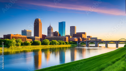 City of omaha, nebraska skyline along the banks of the mighty missouri river in the united states of america photo