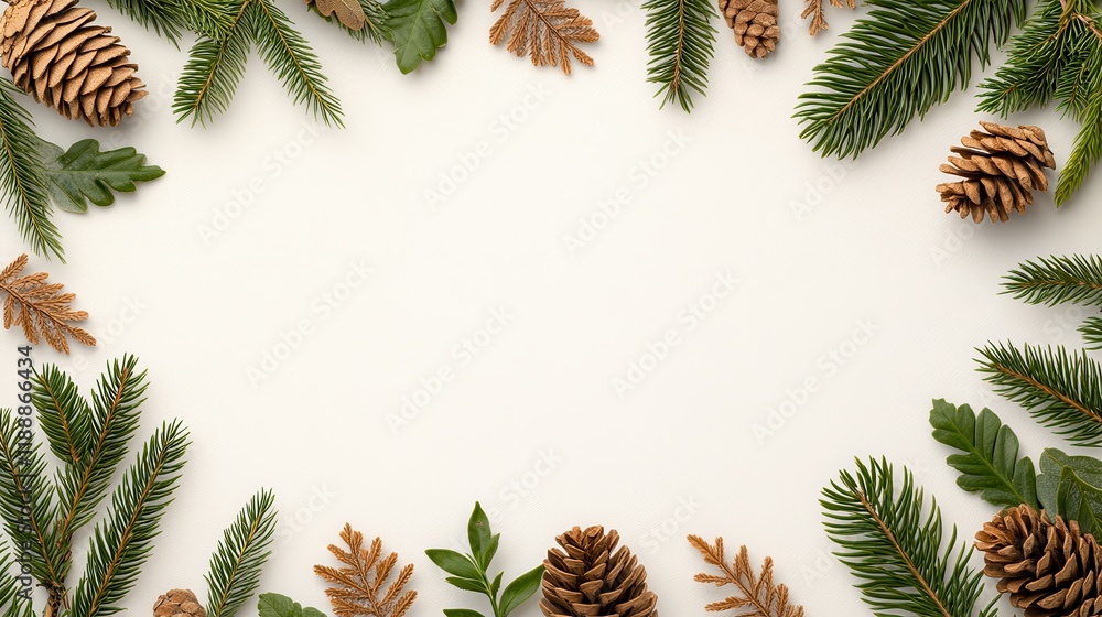 Festive Winter Holiday Frame with Pine Cones and Evergreen Branches Festive Winter Holiday Frame with Pine Cones and Evergreen Branches
