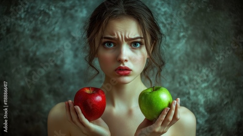 Closeup portrait confused, puzzled, unhappy, thoughtful young woman, girl, holding red, green apples, uncertain which one to chose. Human face expressions, emotion, reaction, attitude, life perceptio photo