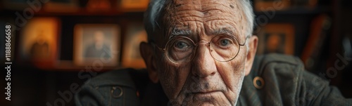 Older man with glasses staring at camera in front of bookshelves, portrait, banner, copy space photo