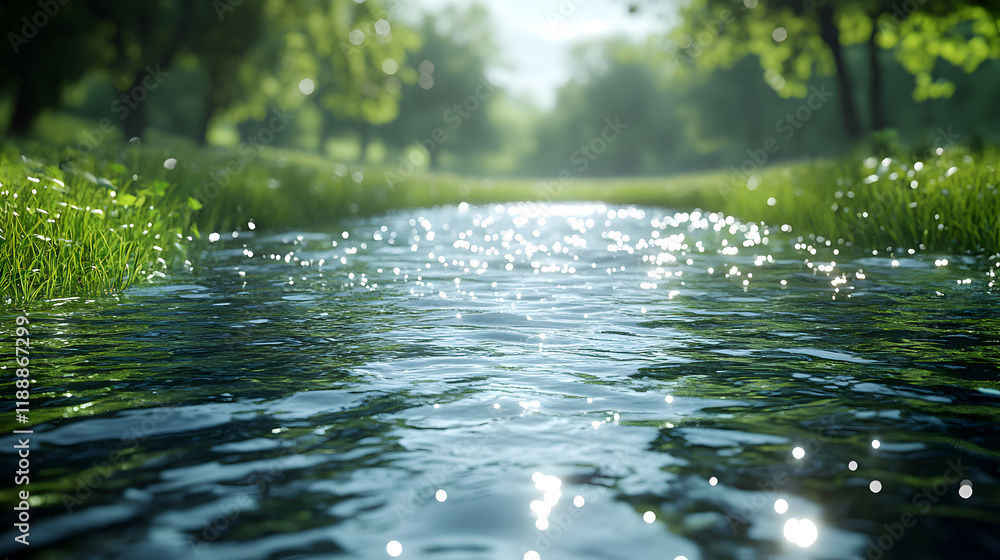 Fototapeta premium A serene river scene with sparkling water and lush greenery, evoking tranquility and nature.
