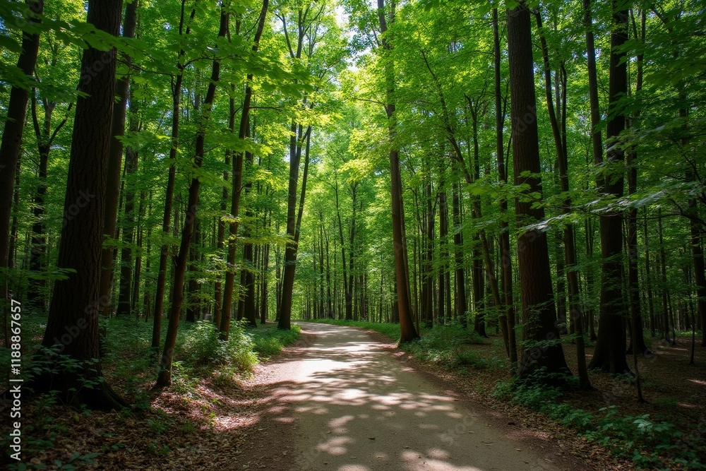 Serene Forest Pathway with Dappled Sunlight Serene Forest Pathway with Dappled Sunlight