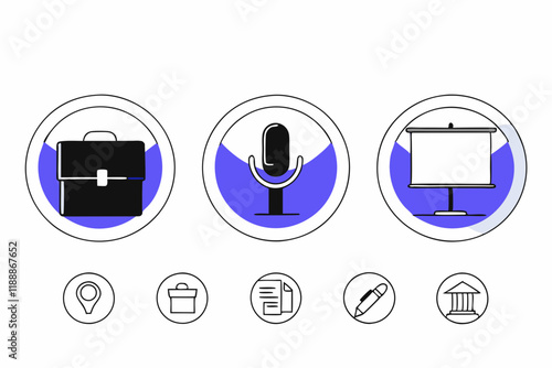  technology symbols, microphone icon, presentation board icon, plus symbol, light bulb icon, calendar icon, 