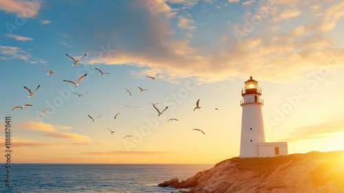 serene lighthouse at sunset with flying birds