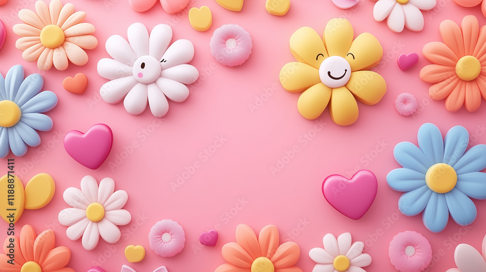 Obraz premium 3D flowers and heart on pink background