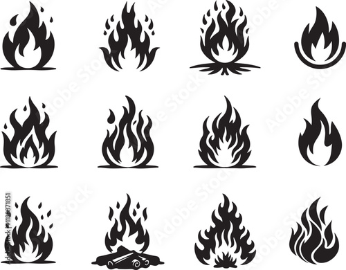 set of fire flame icon silhouette design vector art illustration